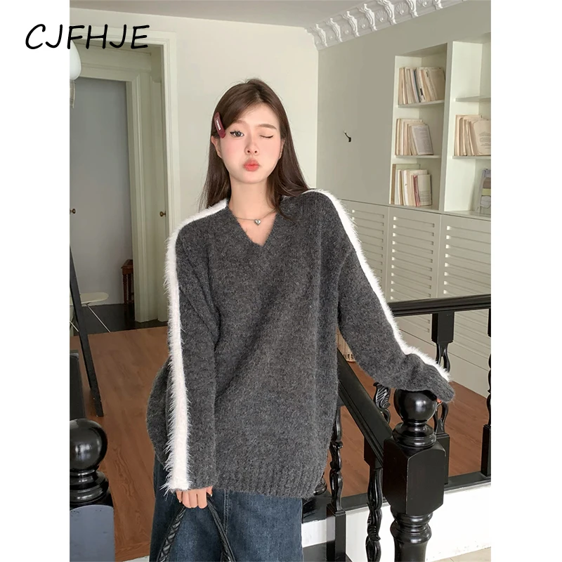 

CJFHJE Y2K Streetwear Patchwork Sweater Women Oversized Knitted Pullovers Harajuku Korean V Neck Knitwear Winter Casual Jumper