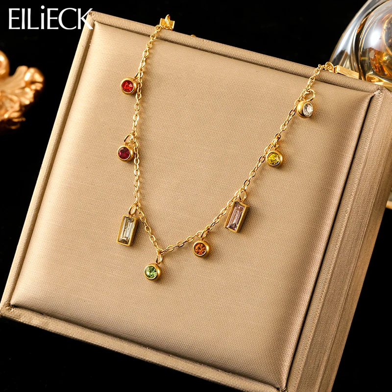 EILIECK 316L Acero inoxidable geométrico colorido cristal Zirconia colgante collar para mujer moda cuello cadena joyería regalo
