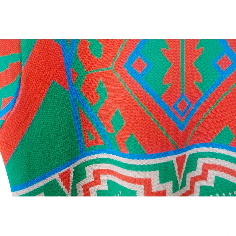 Summer Vintage Patchwork Geometric Pattern Knitted Sweater Women Fashion O-Neck Short Sleeve Knitted Pullover Tops Knitwear 6