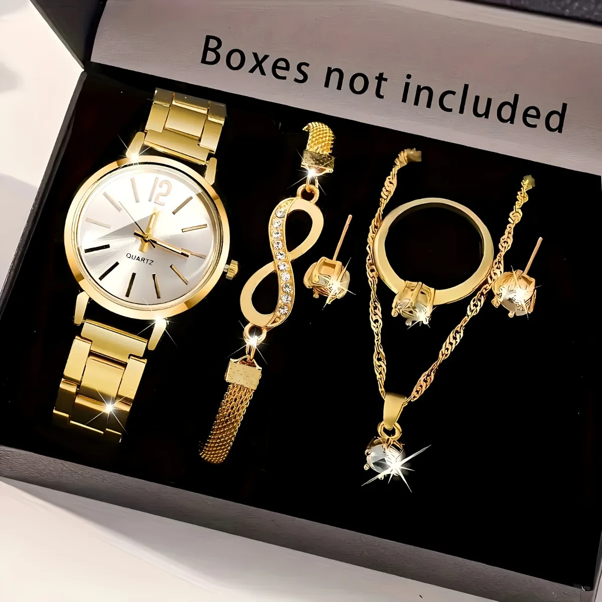 6PCS Women Watch Jewelry Set - Fashion Quartz Watch + Crystal Infinity Bracelet Necklace Earring Ring for Ladies（Without Box）