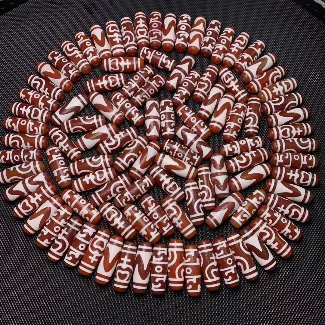 

Wholesales 100pcs/Lots 12mm*38mm Magic Natural 5A Carnelian Agate Stone Different Patterns Tibetan Dzi Beads Jewelry Making