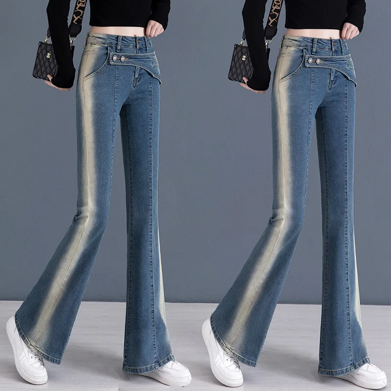 

Spring Autumn Retro Boot Cut Women Jeans High Waist Gradation Slim Famale Flare Pants Casual Denim Trousers Streetwear Clothes