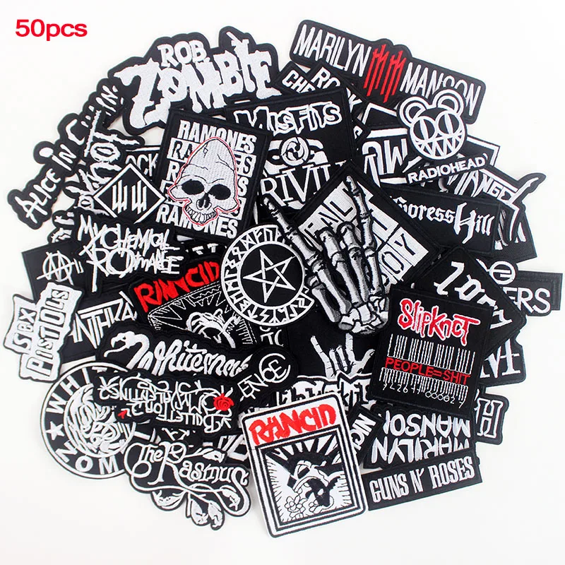 

50pcs/lot Rock Band Music Patches Clothes Badges Appliques Stripes Jacket Jeans DIY Iron on for Clothing Embroidery Stickers