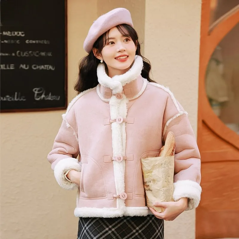 Fur Integrated Coat Winter Women Plus Velvet Thickened Faux Lamb Wool Jacket Female Loose Stand Neck Casual Versatile Outerwear