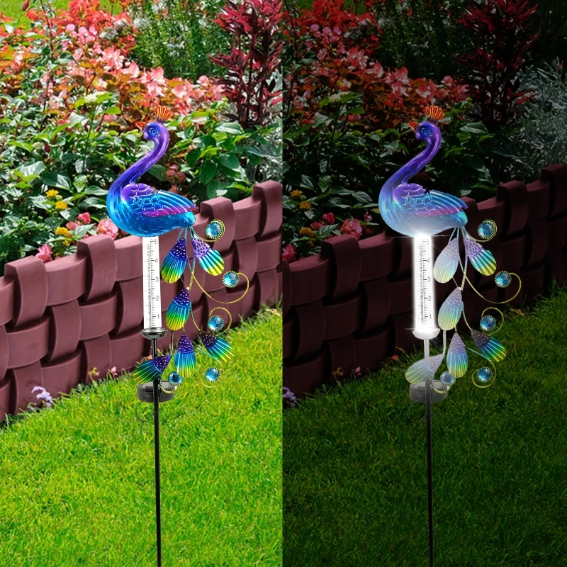 Rain Gauge for Yard Patio Lawn Anti Deform Stable Peacock Garden Stake with Solar Lamp 33.8in Rustproof Garden Ornament