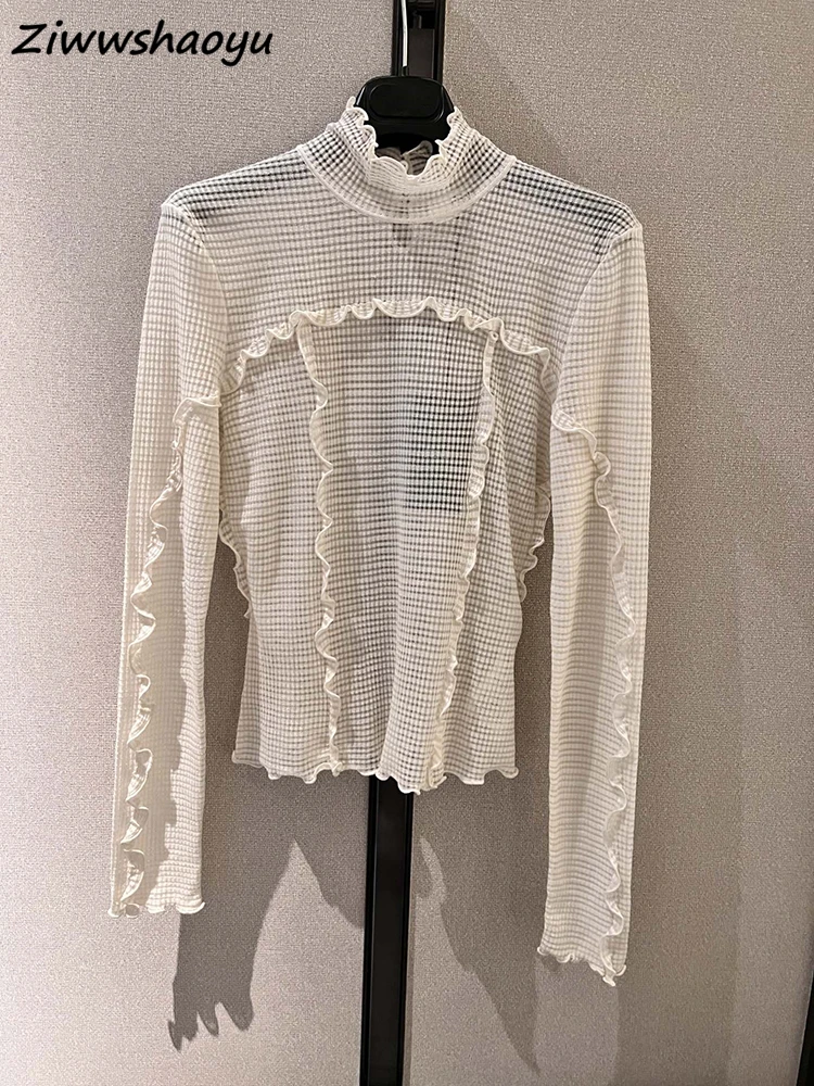 

High Quality Autumn Women Fashion Runway Designer Long Sleeve Ruffles Trim White Print Pullovers Knitting Sweaters