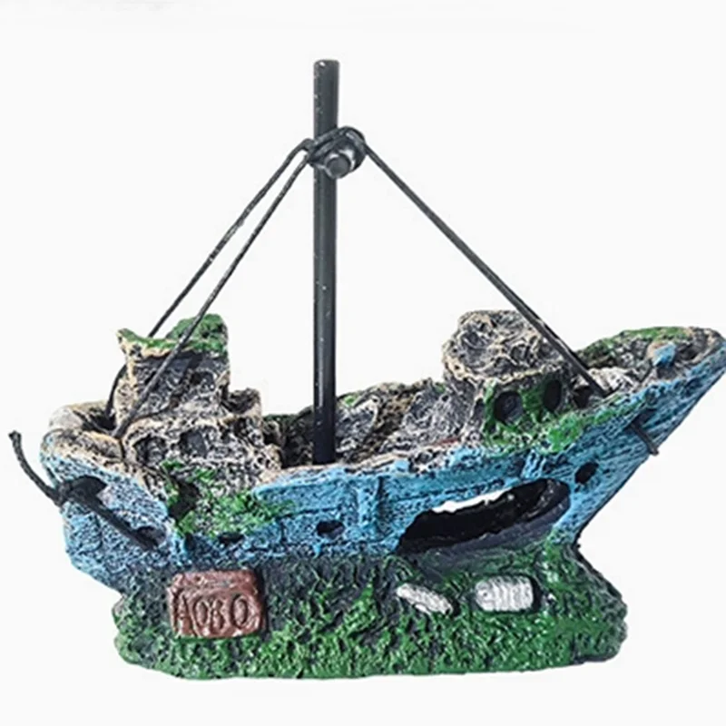 1Pc Fish Tank Ornaments Retro Aquarium Fish Tank Landscape Wreck Ship Decoration Hollow Cave Resin Boat Statues