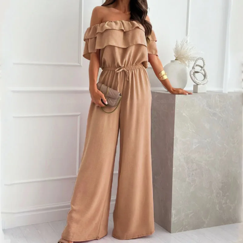 

Elegant One Shoulder Solid Long Romper 2024 Women Fashion Tie-up Waist Ruffles Jumpsuits Summer Casual Wide Leg Loose Playsuits