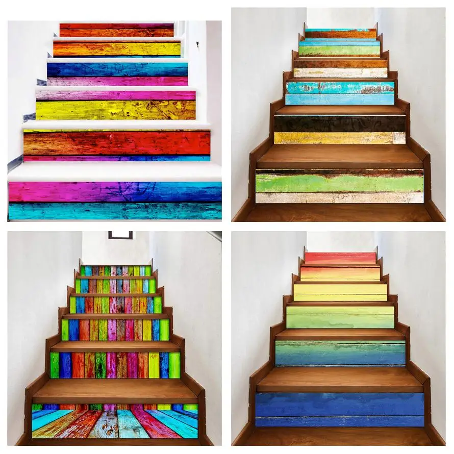 Color Wood grain Stair Sticker Stairway Mural Adhesive Wallpaper Riser Stair Stickers House Vinyl Staircase Decoration 6/13 pcs