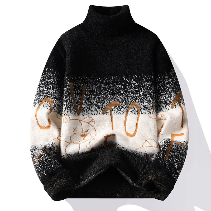 

#5821 Black Green Blue Turtleneck Men's Sweater Cartoon Slim Mohair Men's Pullovers Warm Thick Harajuku Sweater Man Knitwear