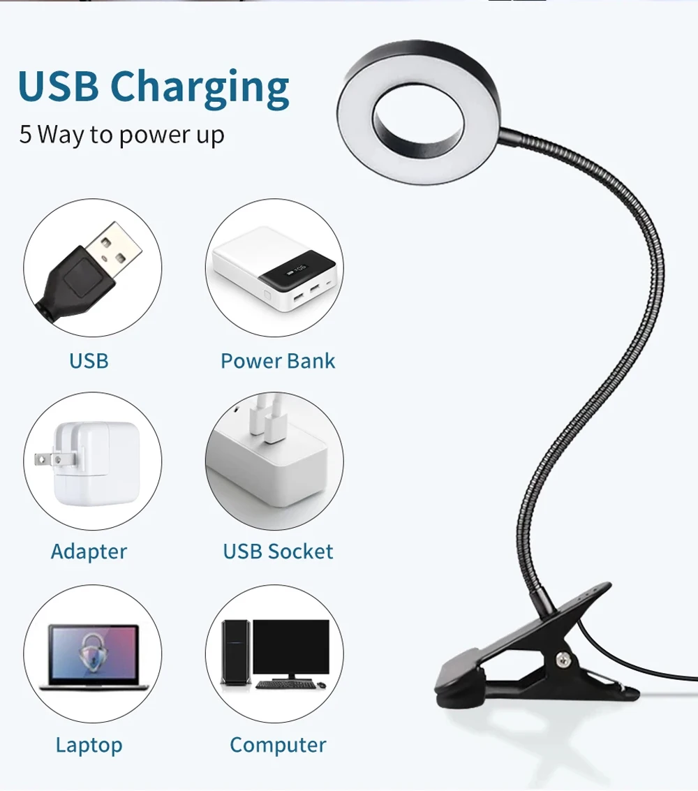 Clip on Light LED Reading Book Study Lamp 3 Color Modes 10 Brightness Eye Protection 360° Flexible Gooseneck Student Desk Lamp - 6