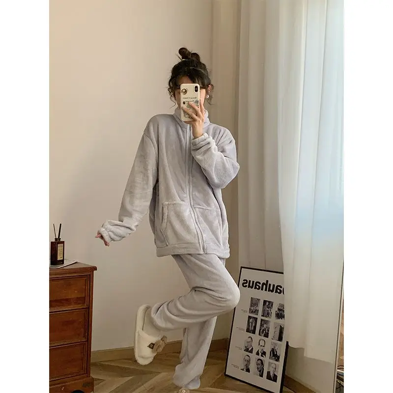 2024 Flannel Pajamas Women Fall Winter Pyjamas Simple Solid Color Nightdress Zipper High-neck Sleepwear Plus Size Warm Home Wear