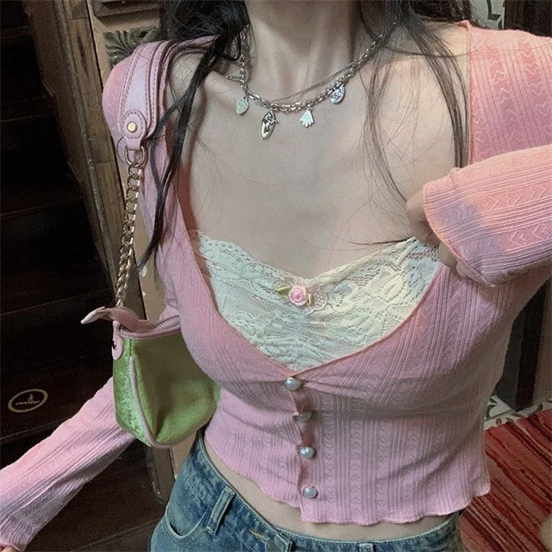 Fairycore Vintage Print Long Sleeve Crop Top