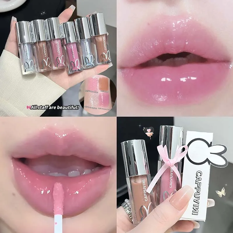 Water Light Pink Shiny Lip Gloss Lasting Moisturizing Plumper Shimmer Jelly Brown Lip Oil Reduce Liplines Liquid Lipstick Makeup