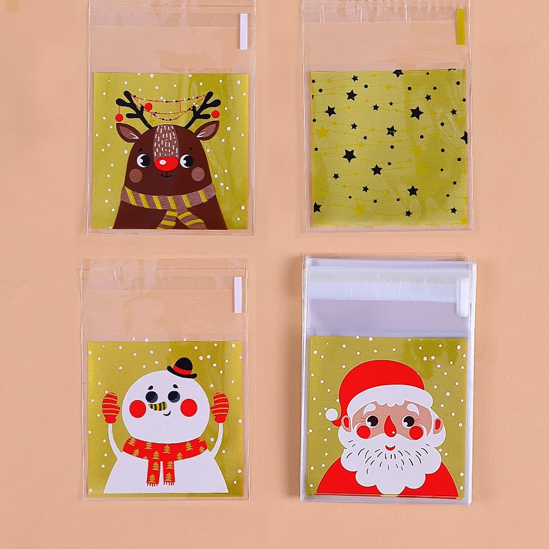 100PCS Plastic Christmas Candy Bags Cute Santa/Snowman/Deer Cookie Bag For Navidad DIY Biscuits Cookie Baking Packaging Supplies