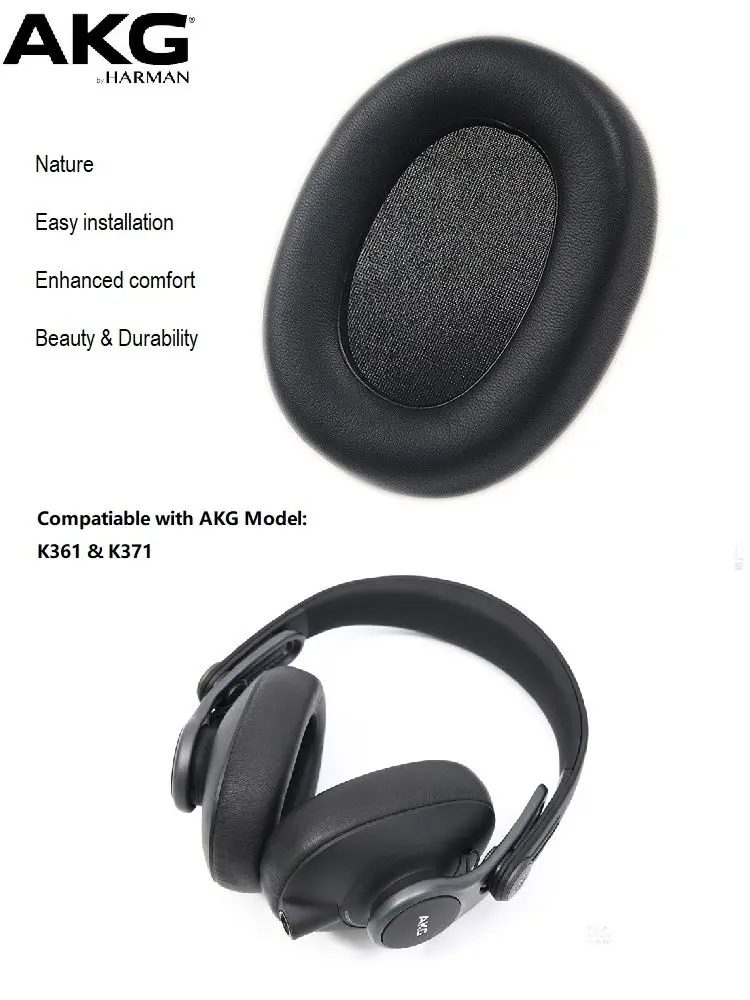 AKG K371 Earpads Replacement Compatible With AKG K361Headphone Black Protein Leather Earmuffs 1 Pair OEM Factory Parts