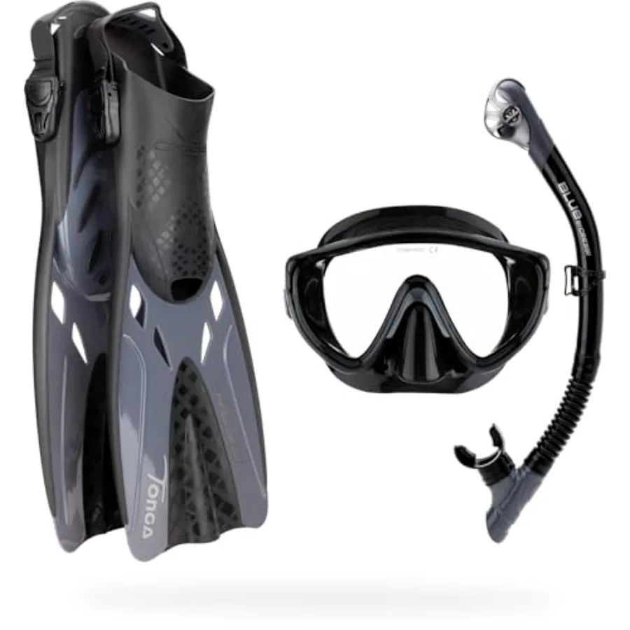Snorkeling Set for Travel: Silicone Mask Short Adjustable Fins Dry SnorkelCompact Adventure Set Italian Design Black/Blue Light