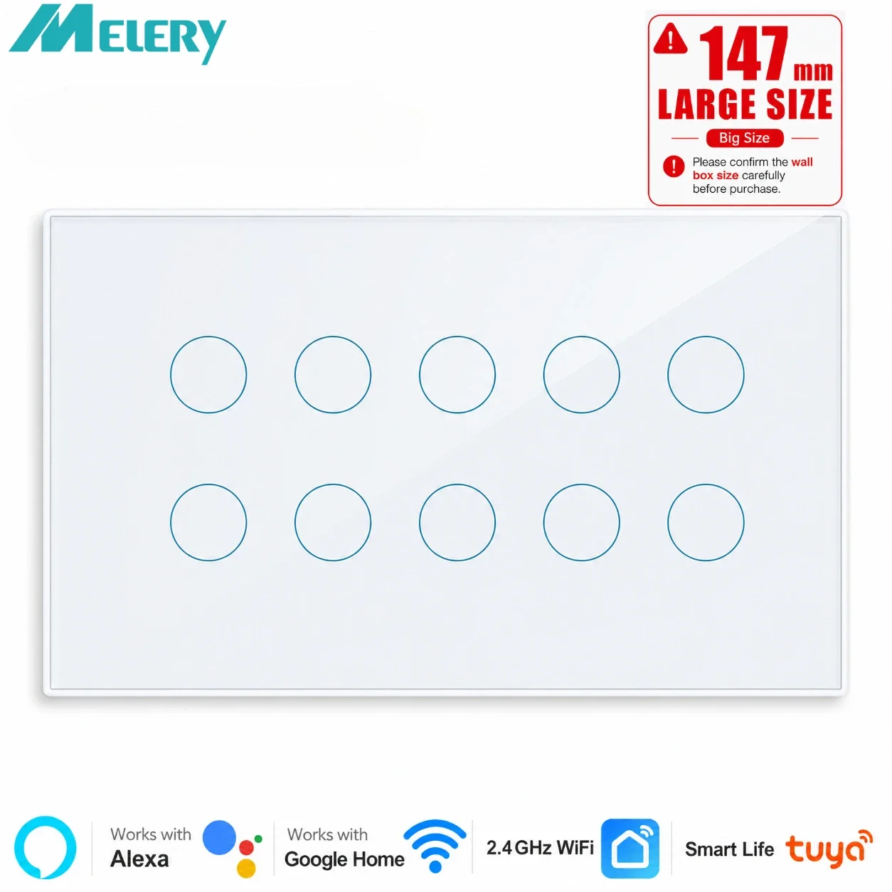 Melery Smart Life WIFI Light Wall Switch Touch 8/10Gang Glass Panel, Remote Voice Control Tuya Alexa Google Home Assistant