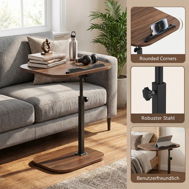 Table d'appoint en forme de C réglable en hauteur avec fente pour téléphone, table d'appoint de canapé en bois de style industriel, table portable pour ordinateur portable et collations pour canapé, chambre et salon 1