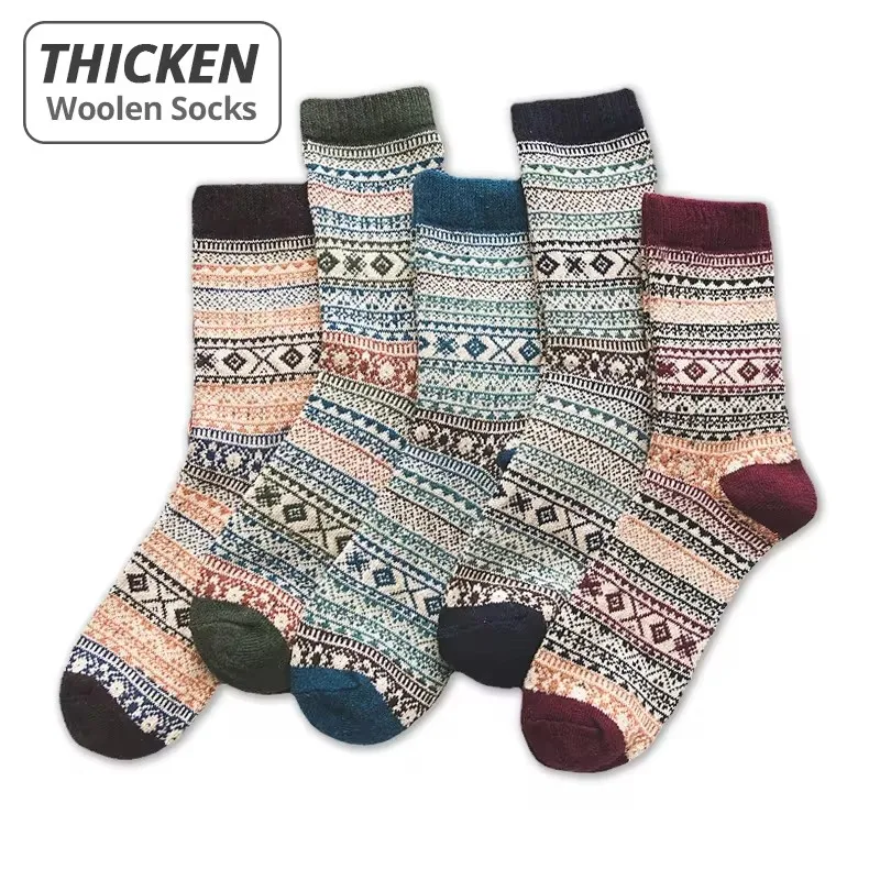 Mens Winter Wool Socks - Warm Colorful Retro Style for Snow Boots EU Size 38-44