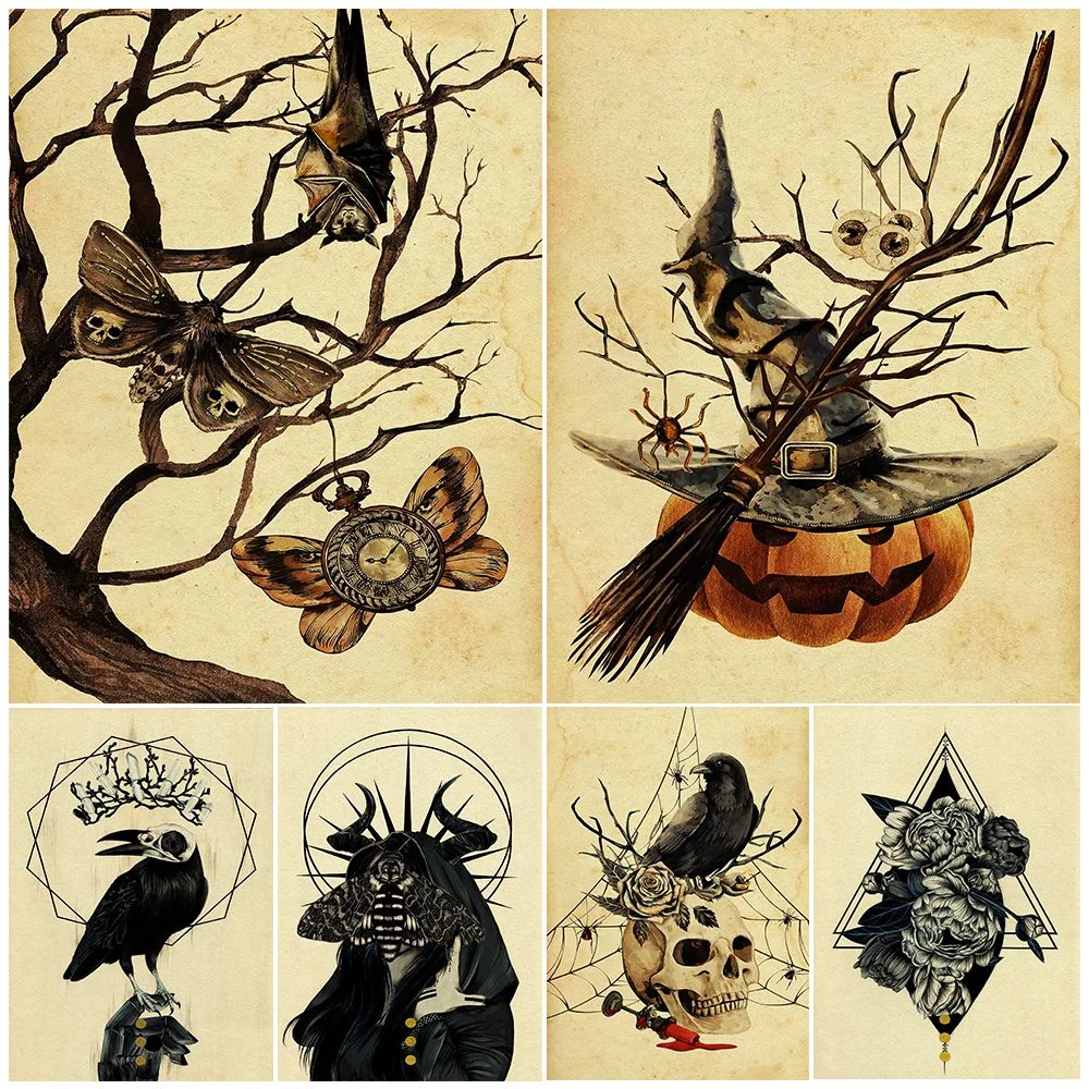 

Witch Occult Black White Crow Symbols Eometric Lines,Wall Art Canvas Print,Moths And Bats Gothic,Moden Art,Poster Print Decor