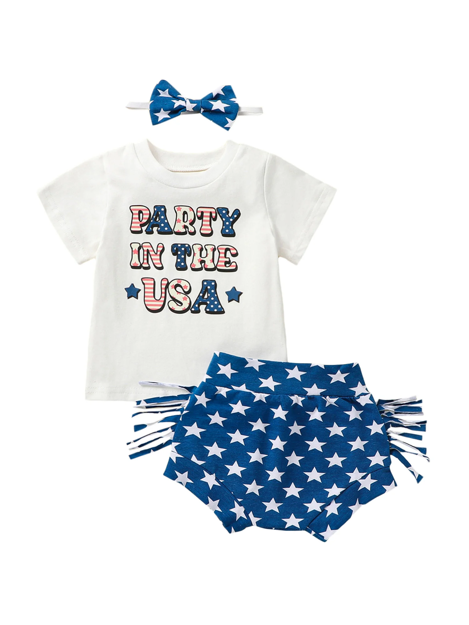 

Vohawsa Baby Girl 4th of July Outfit Short Sets Fringe Shirt Ruffle Short-Sleeve Tank Tops Star Print Shorts Set
