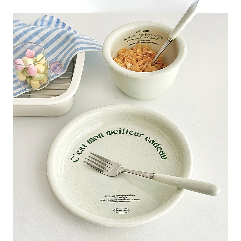 

Milk Green Ceramic Tableware Vintage Home Salad Bowl Breakfast Plate Senior Sense of One Person Food Bowl Plate Set