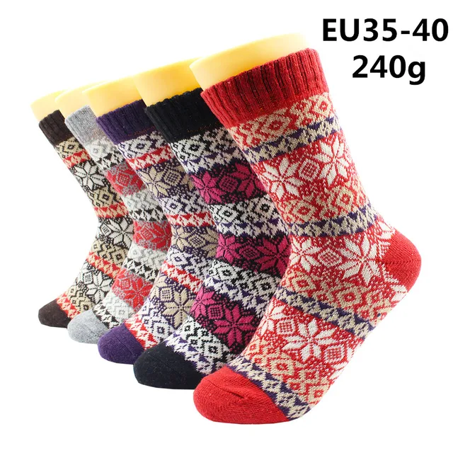 5 Pairs Winter Warmer Women Thicken Thermal Wool Cashmere Snow Socks Fashion Casual Euramerican National Wool Socks for Women 5 Pairs -YM006