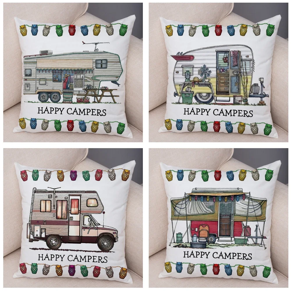 Description Picture 4 of itemBoth Sides Cartoon House Travel Car Cushion Cover Pillow Case Decor Happy Camper Van Life Soft Plush Pillowcase for Sofa Home
