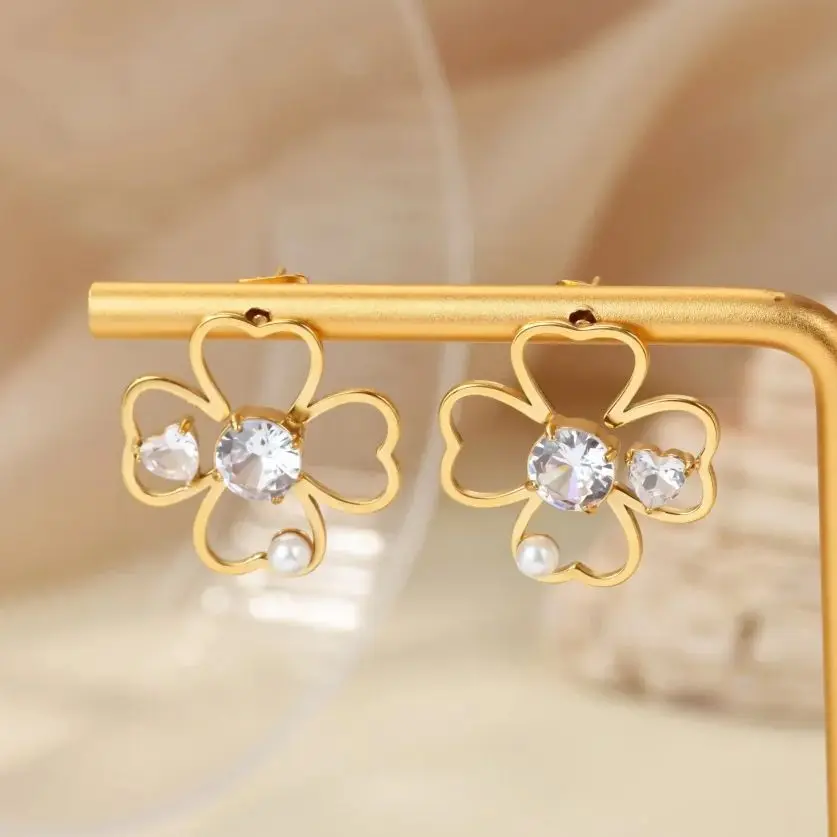 Hollow Four Leaf Stud Earrings for Women Gold Zircon Stainless Steel