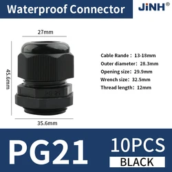 Enhanced Waterproof Cable Gland Connector - White & Black Nylon Plastic (PG21 - Black - 10Pcs)