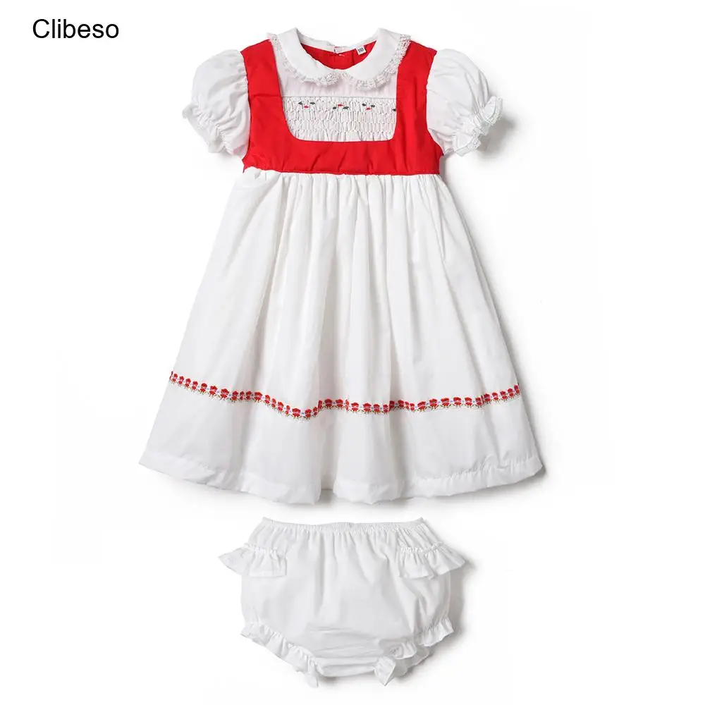 

Boutique Baby Girls Dress Kids Spanish Handsmocked Peter Pan Collar Summer Dresses with Shorts Children Hand Made Smocking Frock