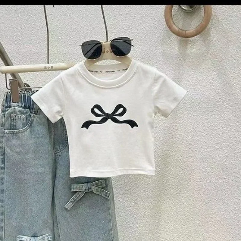 3-8T Girls Children's Clothing Set Spring Summer Milk Silk Bow Printed Short Sleeve Shirt Jeans Pants kids clothing set girls clothing set
