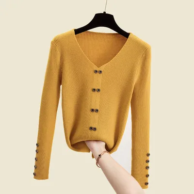 Autumn Winter Button Knitted Sweater Women 2022 New Casual Long Sleeve Tight Fit Inside V Neck Solid Knit Pullover Top cropped cardigan Sweaters