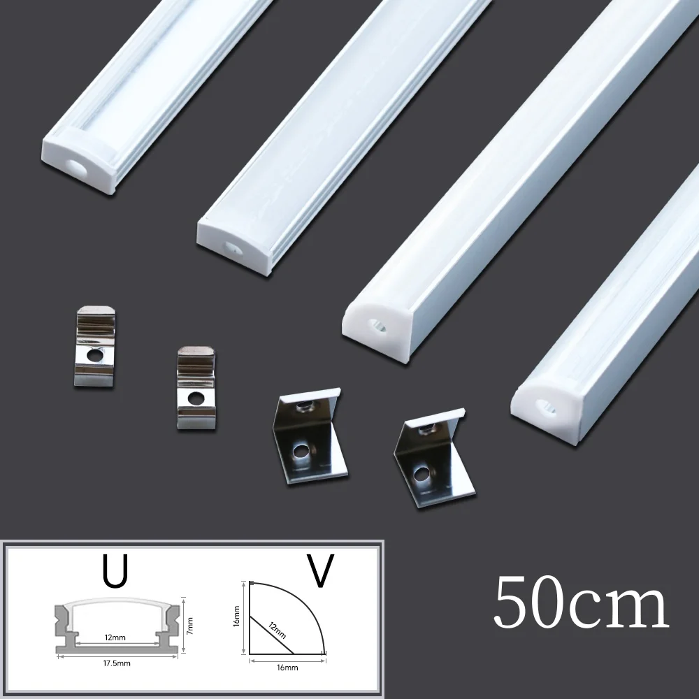 LED Aluminum Channel 50cm V/U Shape Aluminum Profile with Diffuser Milky PC Cover for Led Strip LED Light Holder