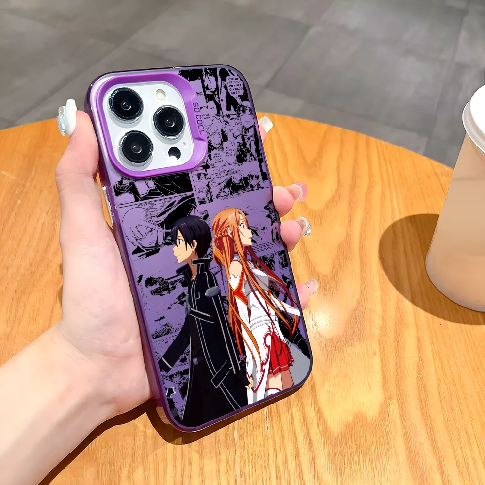 Anime-Inspired Asuna x Kirito Laser Metallic Aurora Phone Case - Black & Purple Matte Finish