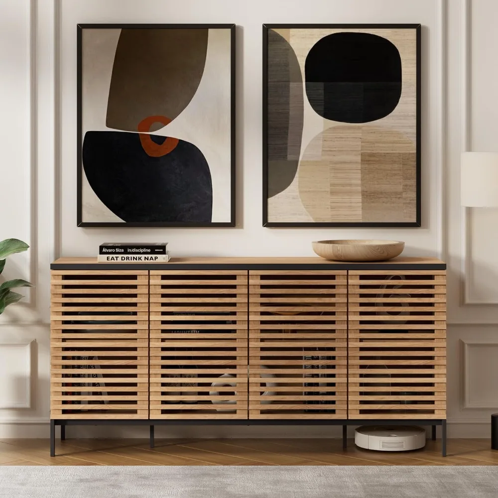Cabinet Sideboard, Slatted Accent Storage Cabinets with 4 Doors and Shelves, Credenza Cupboard Console for Living Room