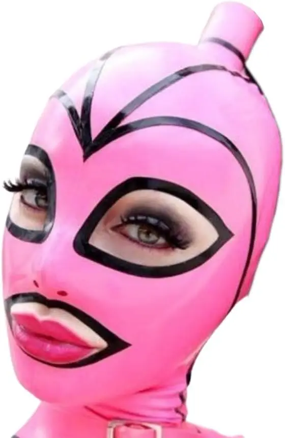 customizedLatex Hood Mask Holiday Rubber Full Face Pink and Black Strips with Ponytail Wig Latex Mask