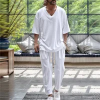 2025 Men Two Piece Sets Casual Solid Loose Outfits Summer Half Sleeve V-Neck T-Shirt and Long Pants Men's Sports Suit Streetwear 2