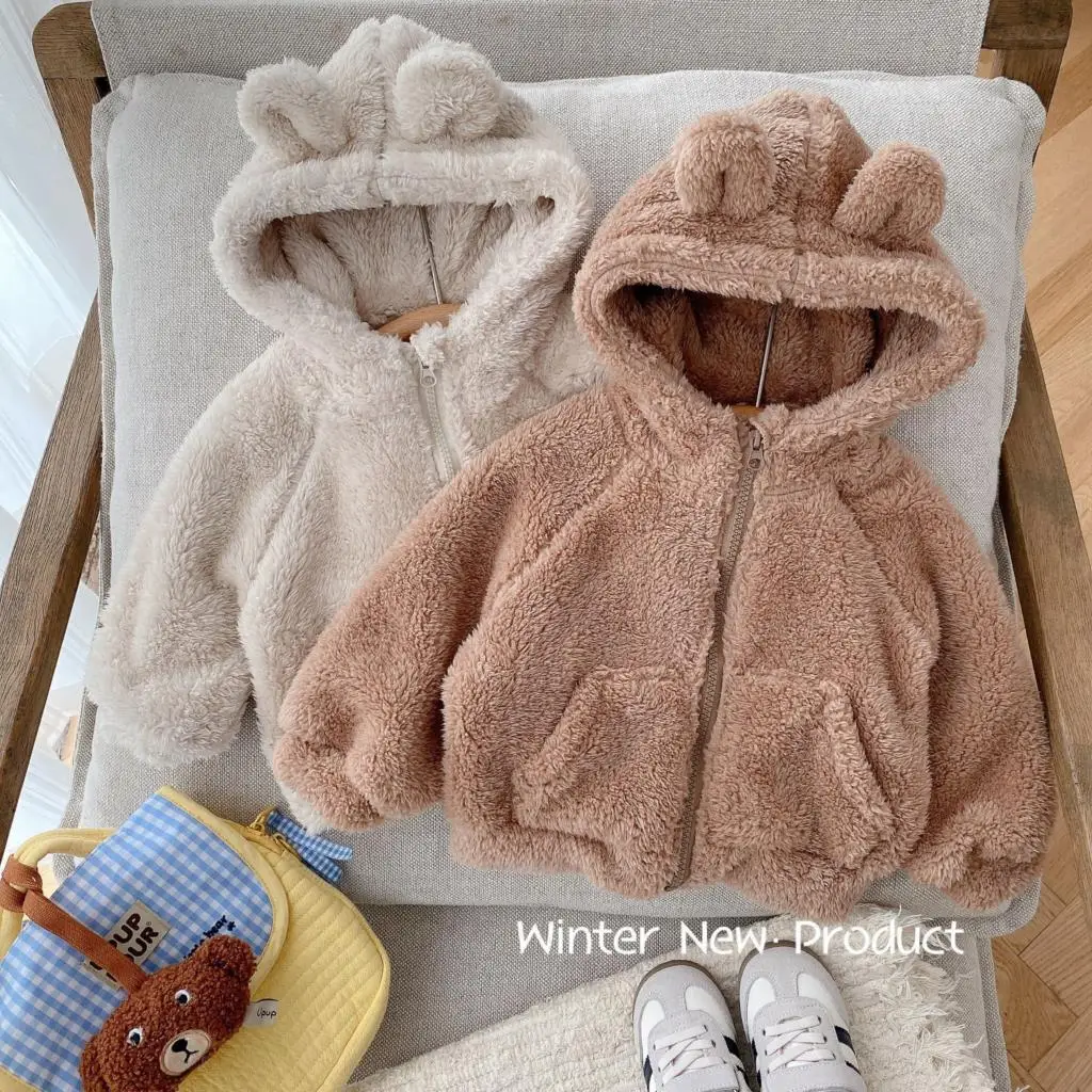 

2024 Autumn Winter Children Boys Coat Cotton Fluffy Fleece Hoodie Cartoon Ear Jacket Warm Loose Zipper Thick Kids Boys Outerwear