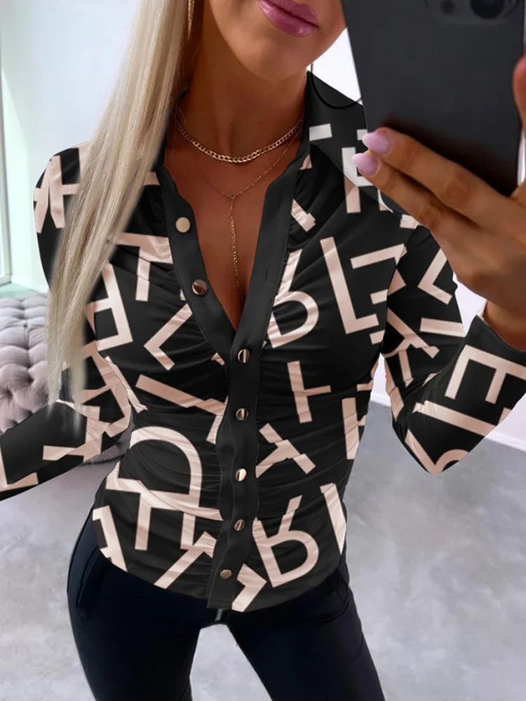 

Женская приталенная кофта с длинным рукавом, V-образным вырезом и принтом