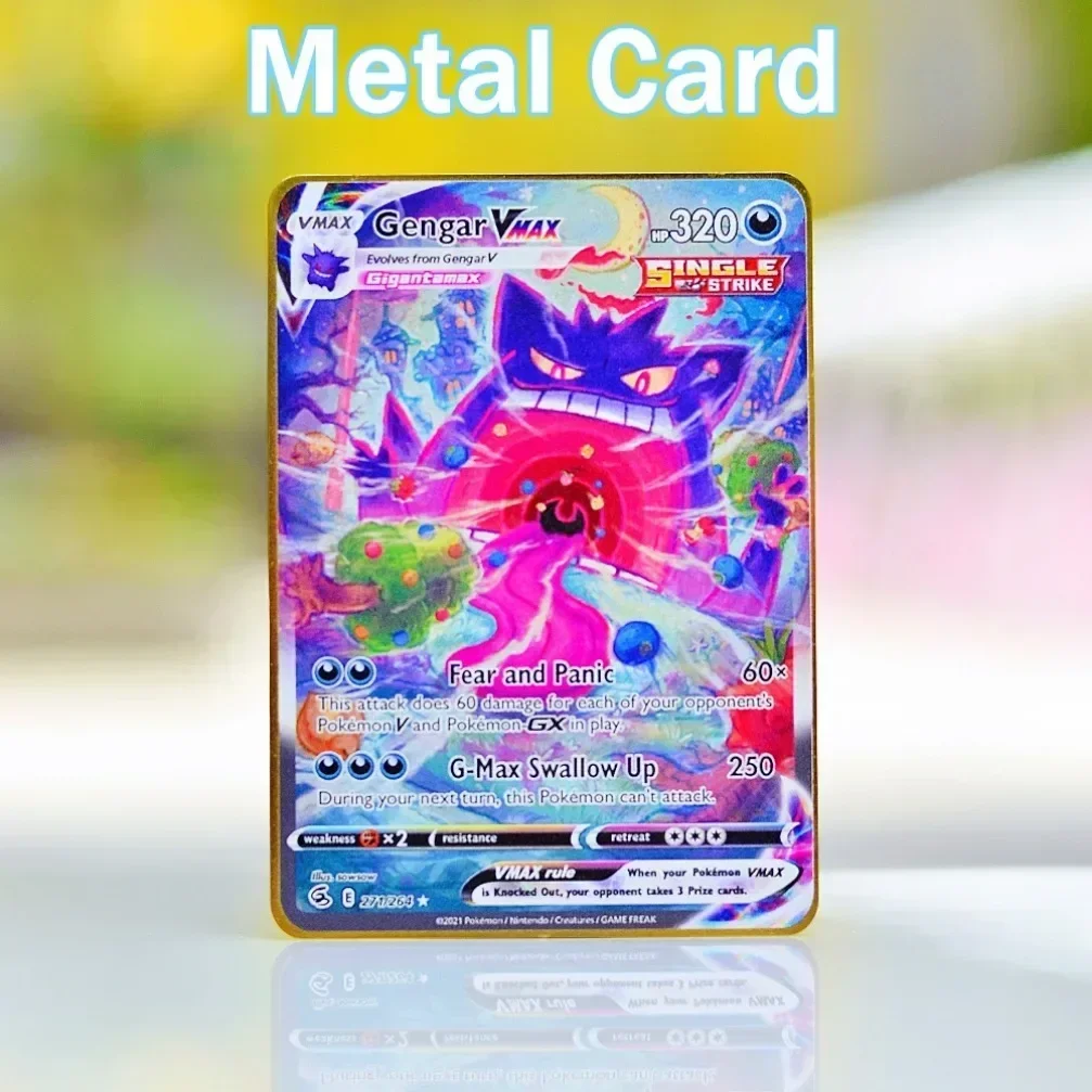 Pokemon Cards Metal Gold Iron Playing Cards Gengar Vmax Rayquaza Charizard Pikachu Vstar Anime Game Gift Kid Toys