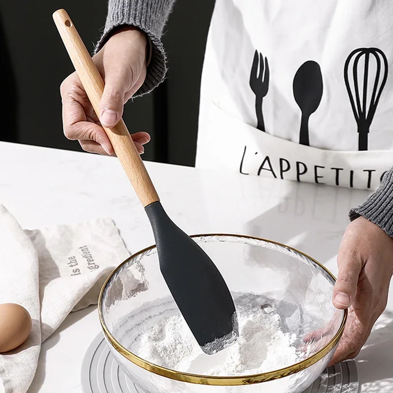 Silicone Spatula Spoon Soup Ladle Slotted Turner Pasta Server Non-stick Kitchen Utensils Silicone Cooking Tools with Wood Handle