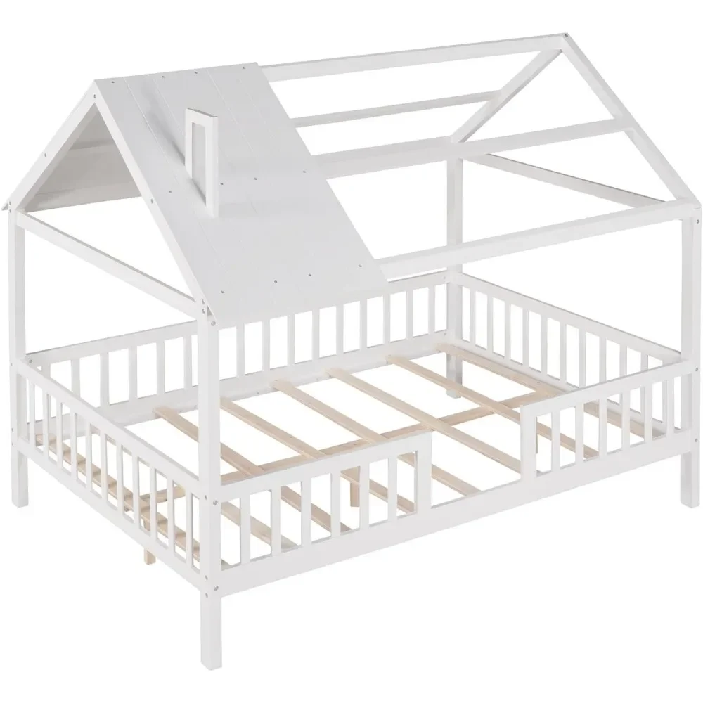 Full House Beds with Rails Wood Montessori Bed Frame Kids White Cabin Bed for Children Boys Girls Teens, Full Size 6