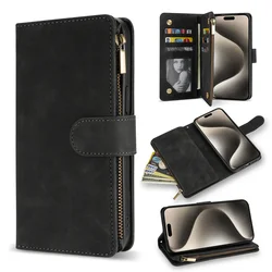 Luxury Leather Wallet Case with Multi-Card Zipper and Magnetic Kickstand for iPhone 13 (Black)