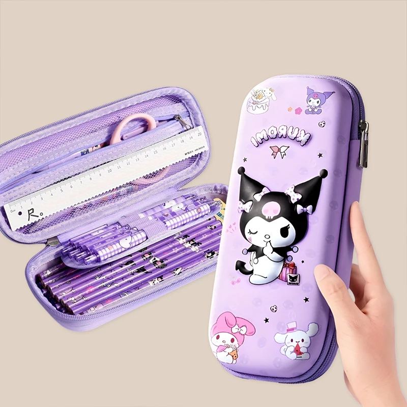 Cinnamoroll & Kuromi 연필 케이스, 내구성이 뛰어난 PU 소재, 입체 대용량 문구 상자 방수 낙하 방지 펜 케이스