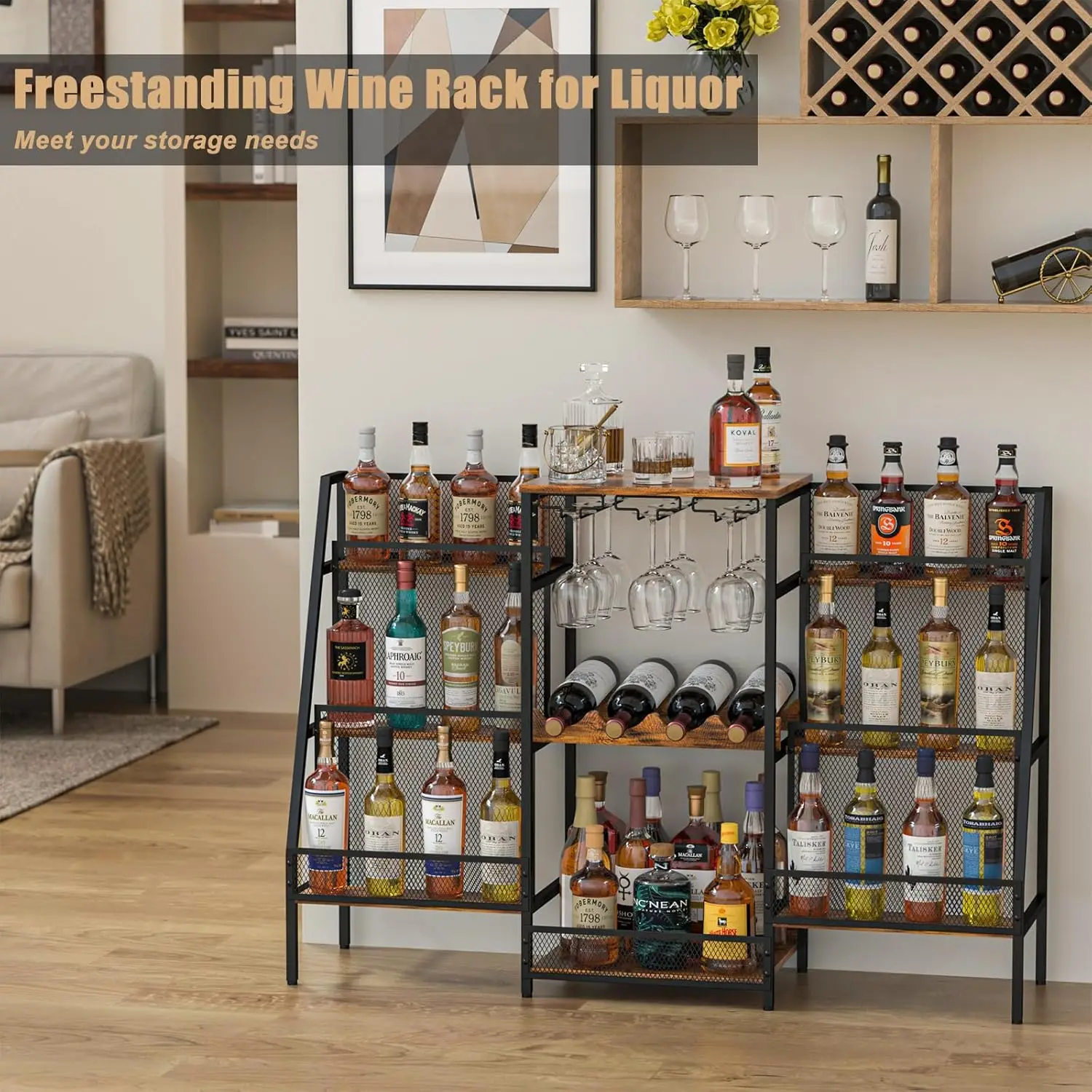 6-Tier Freestanding Wine Rack with Glass Holders & Fences, Large Bar Cabinet for Home Liquor Storage