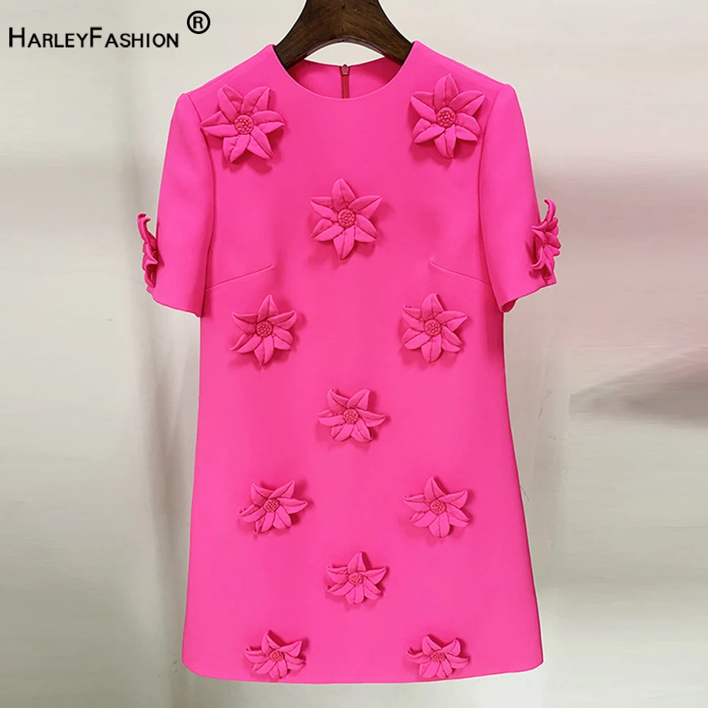 

Розовое красное высокое качество с коротким рукавом 3D Florals прямое свободное летнее женское платье на молнии сзади