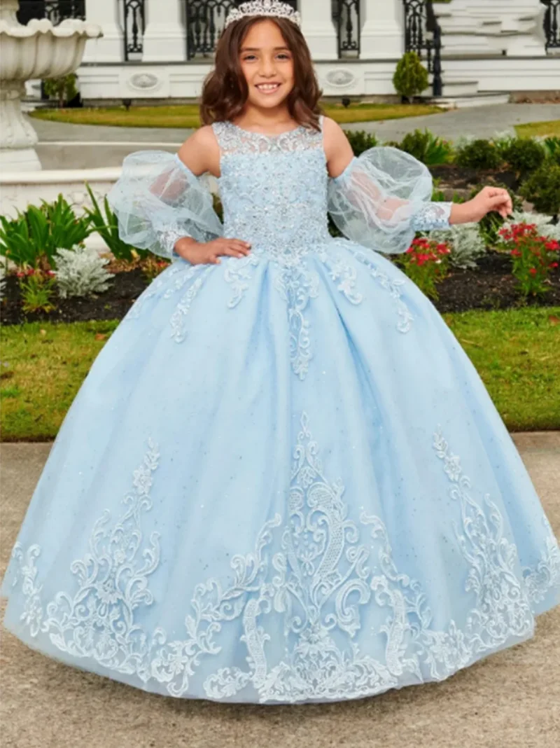

Женское кружевное платье с аппликацией, Голубое Бальное платье принцессы для детей, платье на день рождения, платье для первого причастия