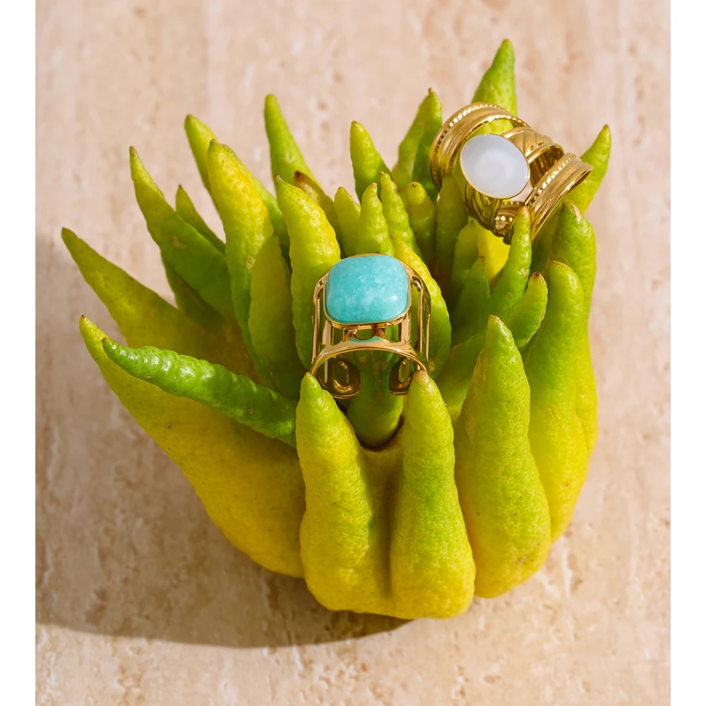 Yhpup Natural Amazonite Ring for Women 18K Golden Plated Stainless Steel